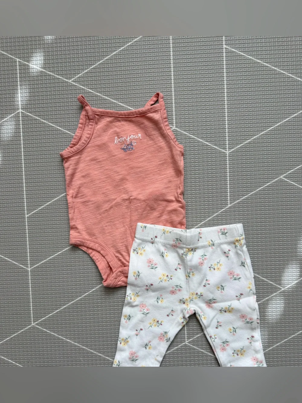 Carter's Coral 'bonjour' Tank Bodysuit with White Floral Leggings Set